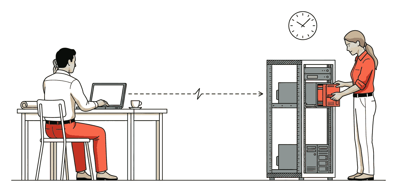 Rack en mantenimiento rodeado por un anillo que marca 24×7×365